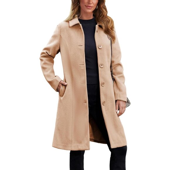 Women's Camel Pea Coat Single Breasted Winter Coat Dress Coat with Pockets - Picture 1 of 8